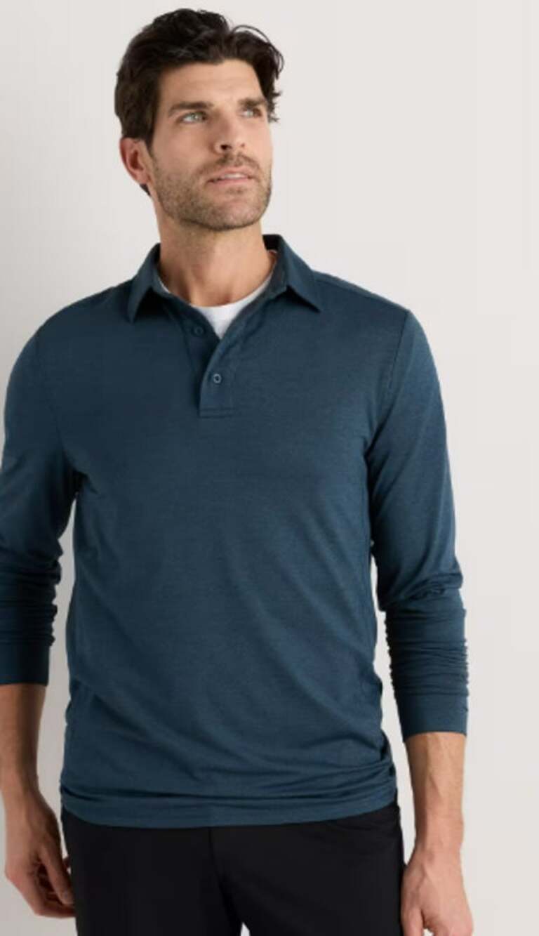 Quince Flowknit Breeze Long Sleeve Polo Blue Medium